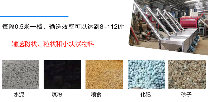输送粉状、粒状和小块状物料，如水泥、煤粉、粮食、化肥、灰渣、砂子等